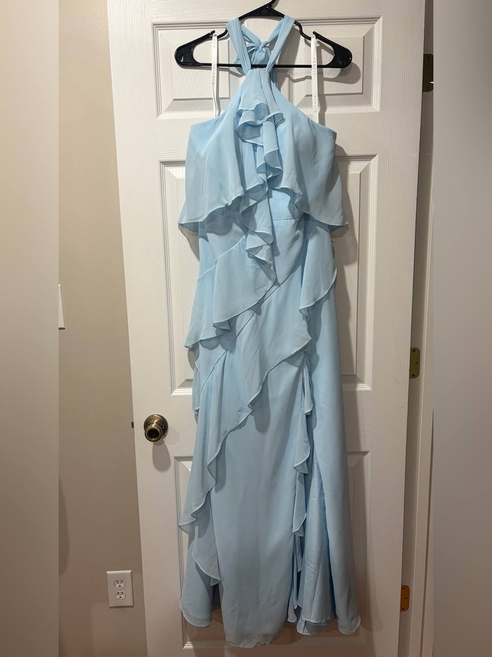 Azazie Light Blue Ruffled Halter Maxi Dress